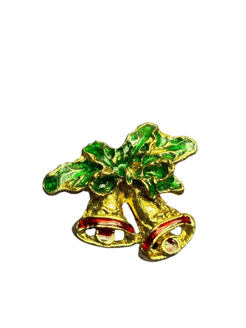Vintage Goldtone Christmas Bells Brooch Pin Green Red Enamel 1.25 inches